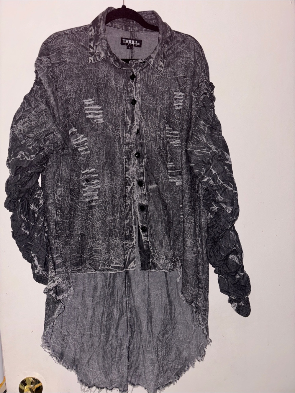 Thrill Washed Distressed Button-Up Shirt Dress in Gray